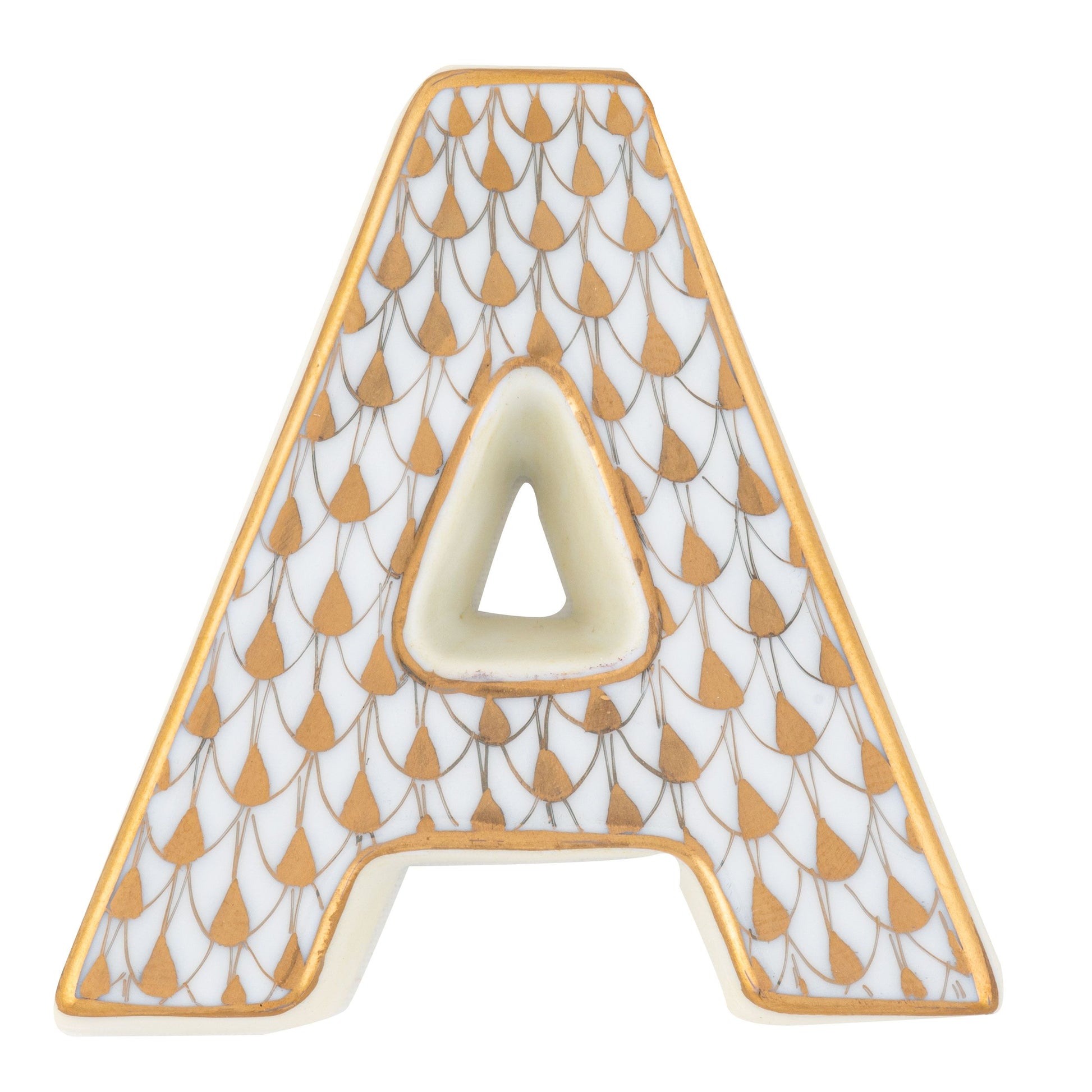 The Herend Letters collection features a ceramic letter "A" with a white base, gold border, and a repeating pattern of gold and grey teardrops, showcasing artistic detail often found in hand painted designs.