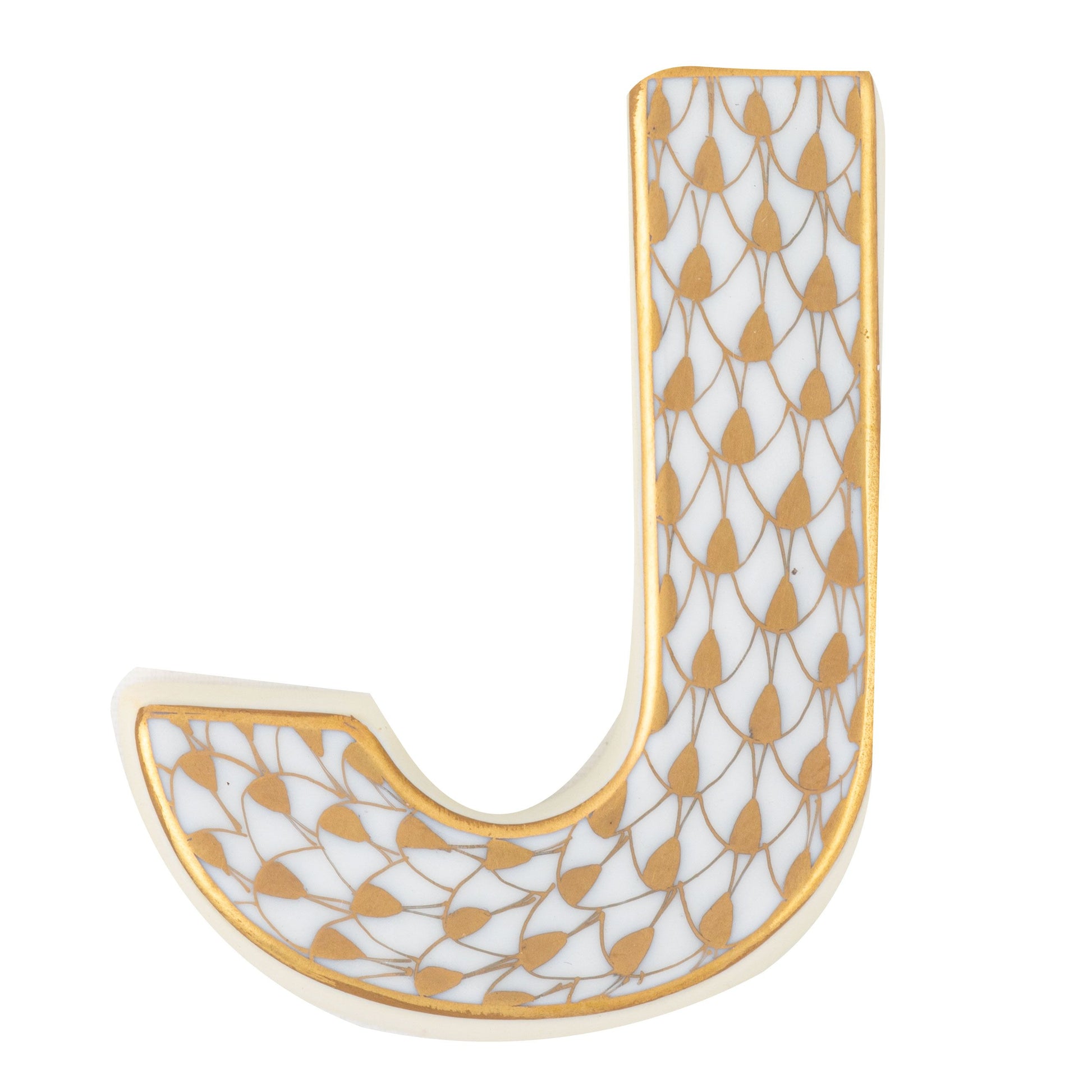 The Herend Letters collection features a decorative letter "J" with a gold and white teardrop pattern, inspired by hand-painted designs and classic Herend porcelain artistry.