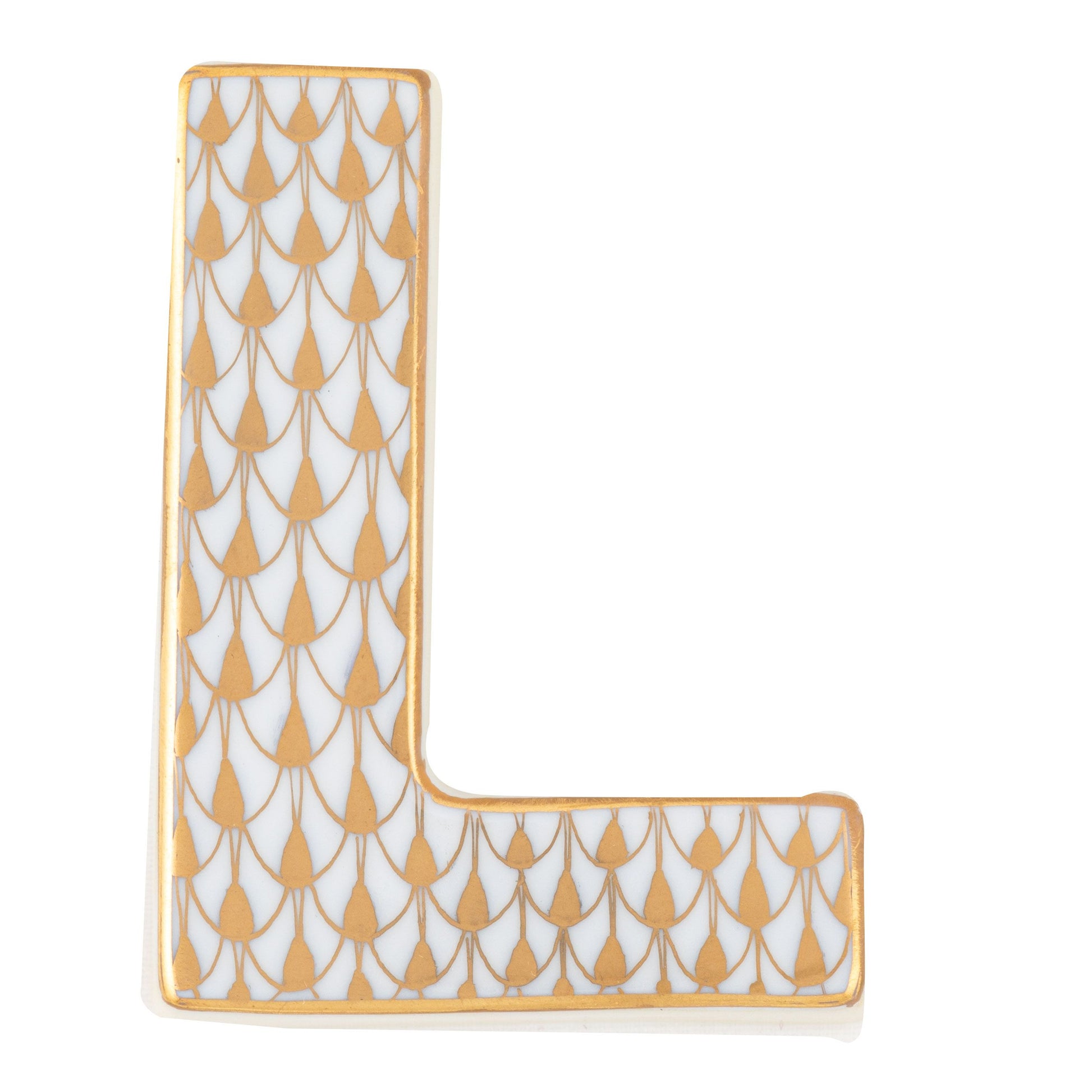The Herend Letters is a white ceramic "L" with hand-painted gold geometric feather patterns and gold-edged detailing, ideal for artistic display.