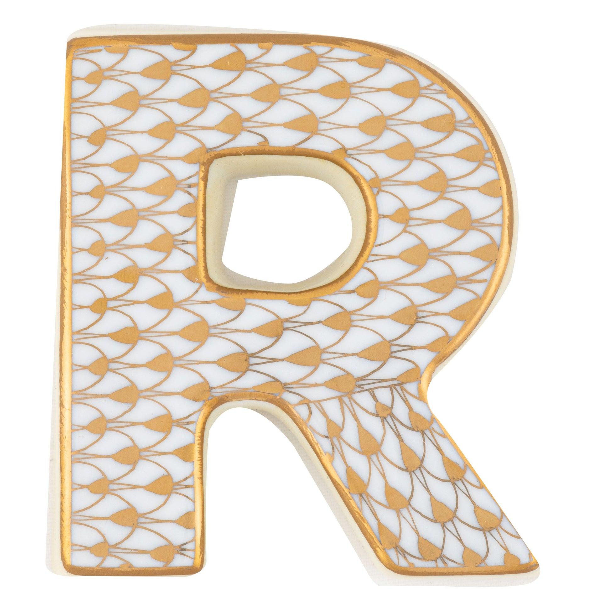 The Herend Letters ceramic letter "R" features a gold and white geometric pattern with gold outlines, reflecting artistic appreciation inspired by hand-painted designs.