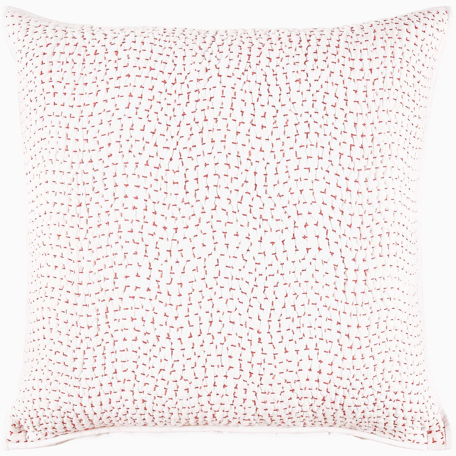 Introducing the John Robshaw Hand-Stitched Bedding Collection: a square pillow featuring a white background adorned with an all-over pattern of small, evenly spaced red stitches, expertly crafted from soft cotton voile for an elegant yet cozy touch.
