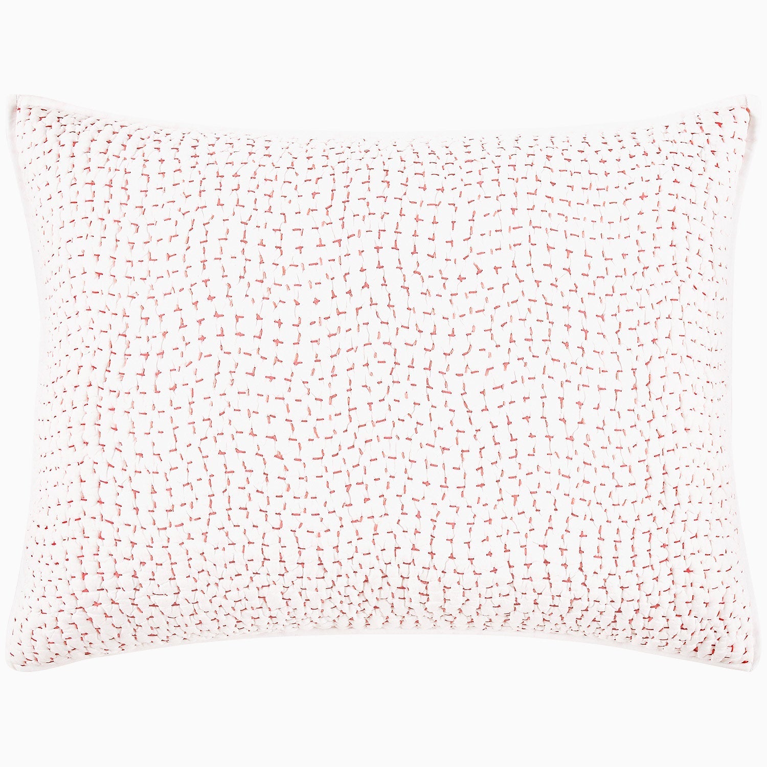 This white rectangular pillow from the John Robshaw Hand-Stitched Bedding Collection features a pattern of small, evenly spaced red dashes and arrows, photographed against a plain white background. Inspired by artisanal hand-stitched coverlets, it is crafted from soft cotton voile for a comfortable and inviting touch.
