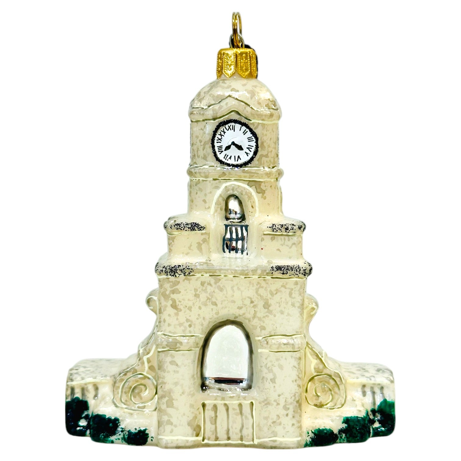 Add Palm Beach flair to your tree with the Palm Beach Clock Tower Custom Ornament by Joy To The World Collectibles, Inc.—a handmade white stone clock tower with a clock face and gold hanging loop.