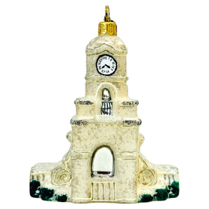 Add Palm Beach flair to your tree with the Palm Beach Clock Tower Custom Ornament by Joy To The World Collectibles, Inc.—a handmade white stone clock tower with a clock face and gold hanging loop.