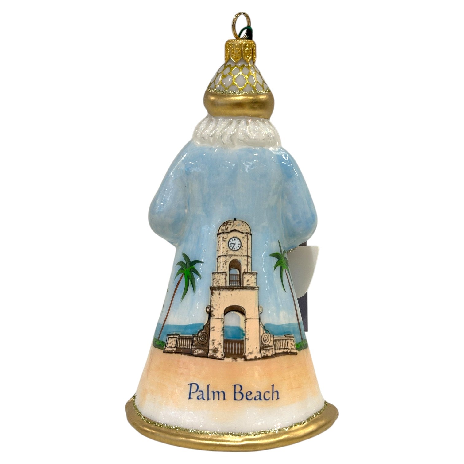 The Hive Santa Custom Ornament by Joy To The World Collectibles, Inc. features a robed sun-soaked Santa with a Palm Beach scene and clock tower on the back, gold trim, and a hanging loop—perfect for your tree or holiday collection.