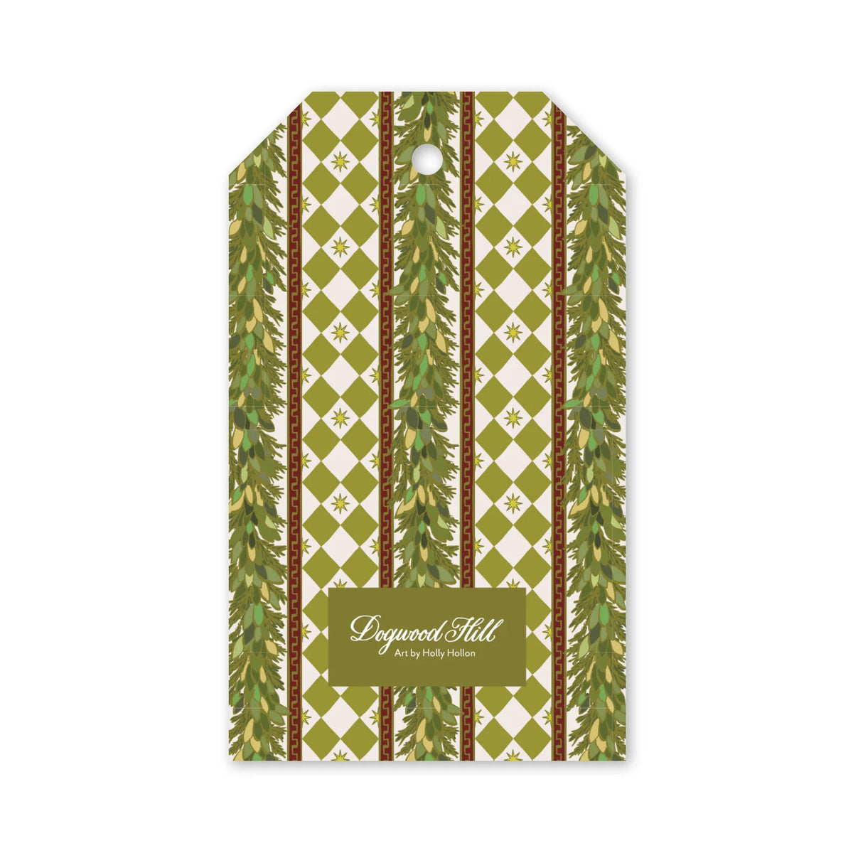 Charleston Etoile gift tag featuring a rectangular shape with a repeating green and white diamond pattern, vertical evergreen garlands, and small star icons.