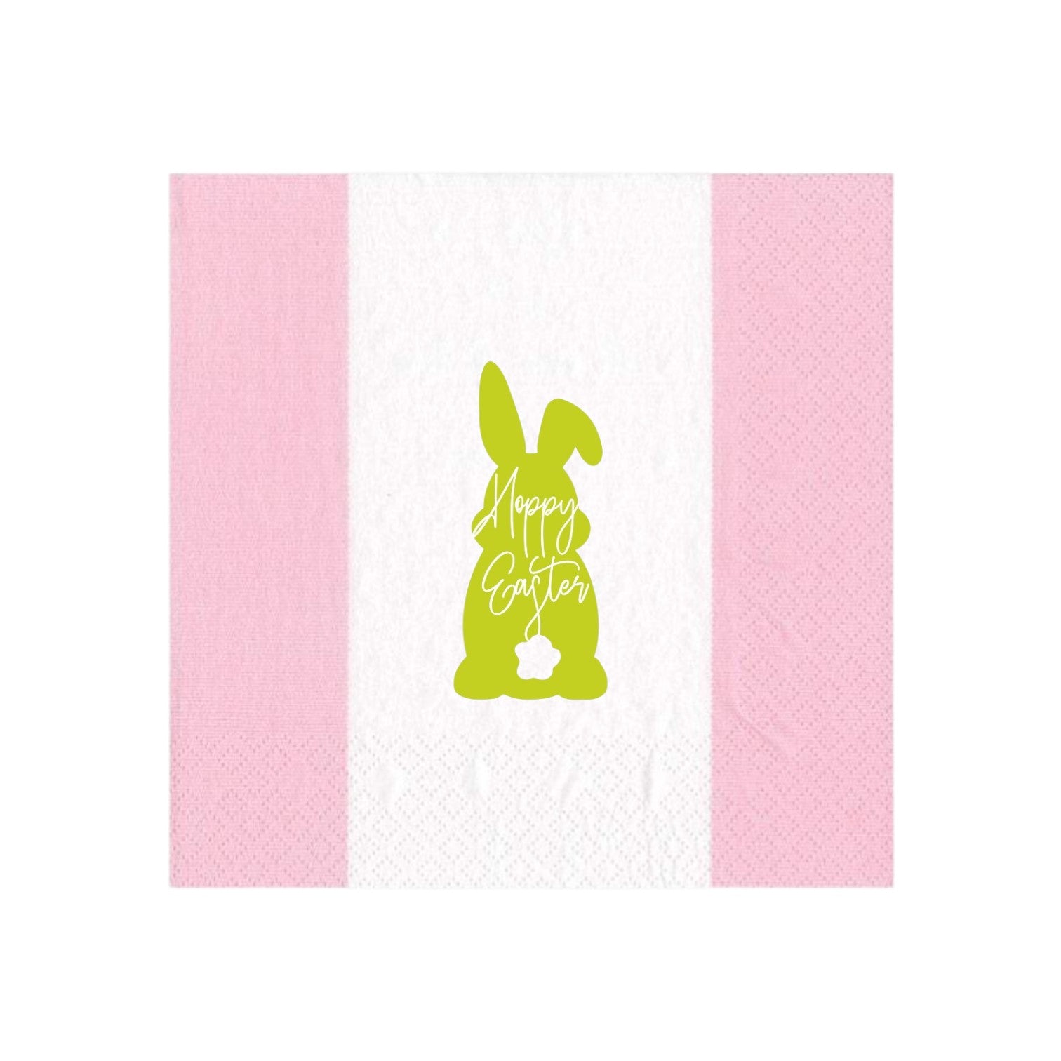 Celebrate with Caspari’s Hoppy Easter Cocktail Napkins—pink and white triple-ply, featuring a green bunny silhouette with “Happy Easter” inside. Eco-friendly and perfect for holiday gatherings.