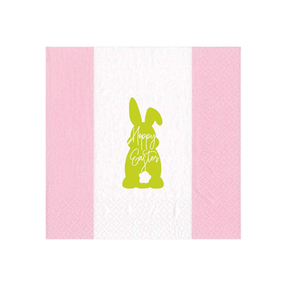 Celebrate with Caspari’s Hoppy Easter Cocktail Napkins—pink and white triple-ply, featuring a green bunny silhouette with “Happy Easter” inside. Eco-friendly and perfect for holiday gatherings.