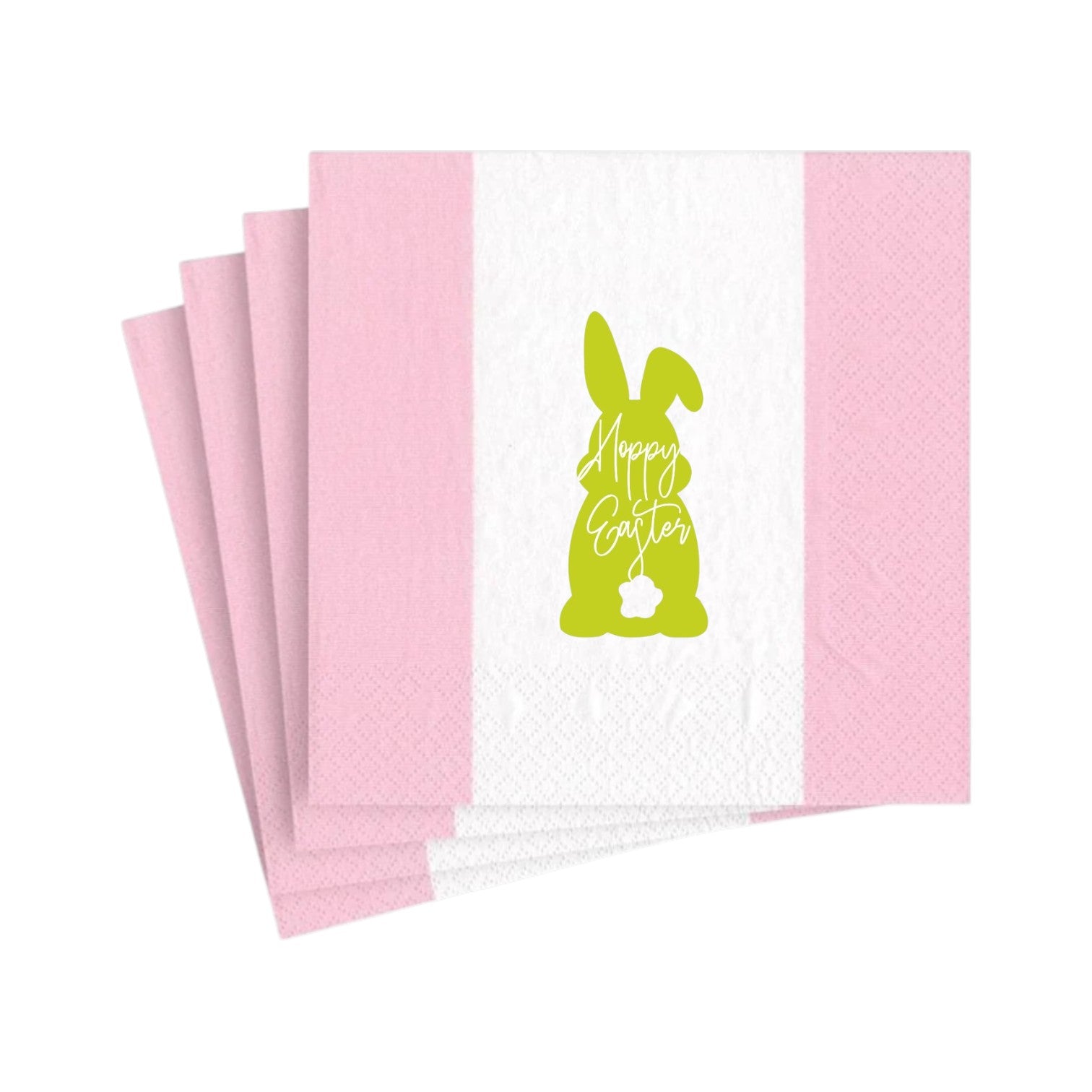 Set of four Caspari Hoppy Easter Cocktail Napkins in pink and white, featuring a green bunny silhouette and "Hoppy Easter" text at the center. Eco-friendly design.