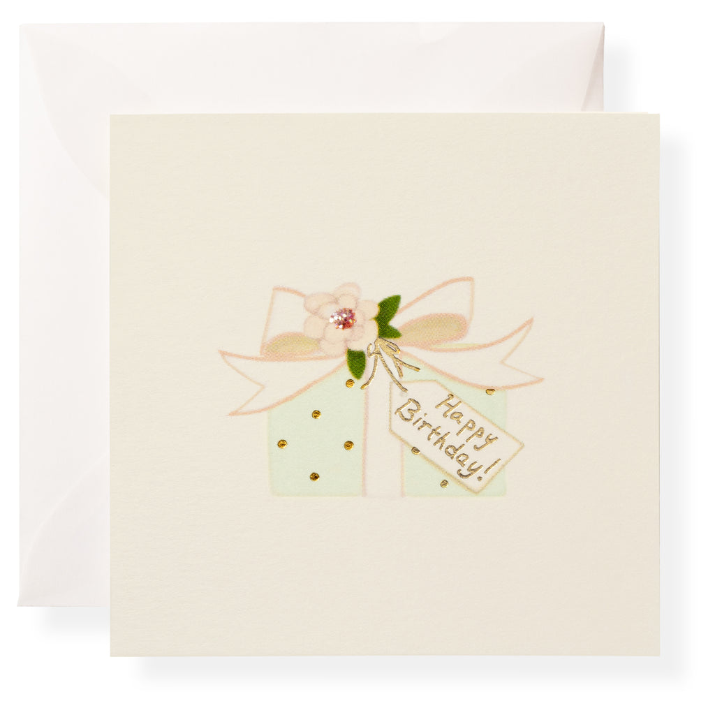 The Karen Adams Make A Wish Gift Enclosures are square birthday cards with a wrapped gift, bow, flower, and "Happy Birthday!" tag—perfect for gifting. Each card comes with an envelope partially visible behind it.