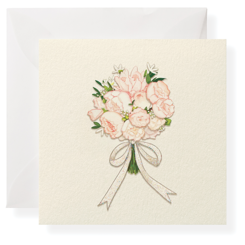 The Karen Adams Just Married Gift Enclosures feature a square card with hand-glittered light pink flowers and a white ribbon on natural white, presented in front of a matching envelope.