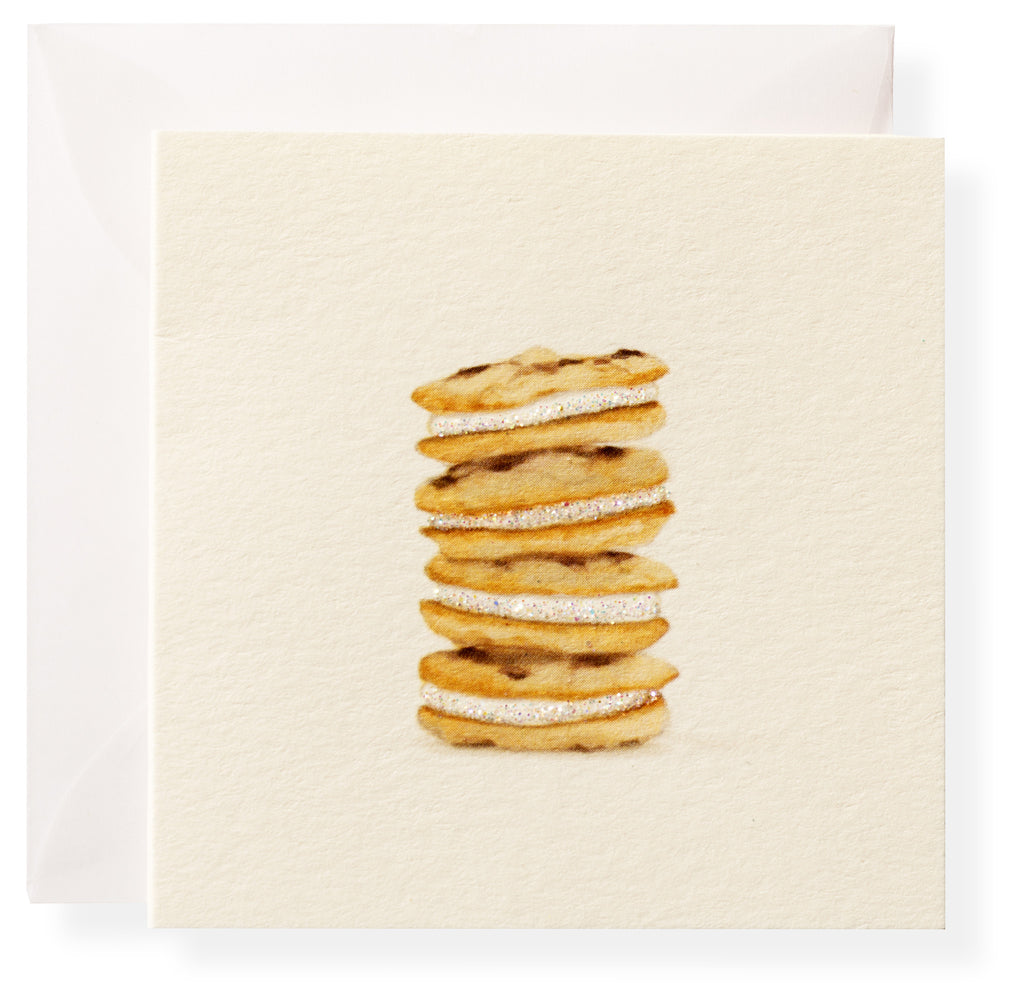 The Flour Shoppe Gift Enclosures by Karen Adams feature a stack of seven chocolate chip cookies on a square, natural white card with an envelope—ideal for gift cards or special notes.