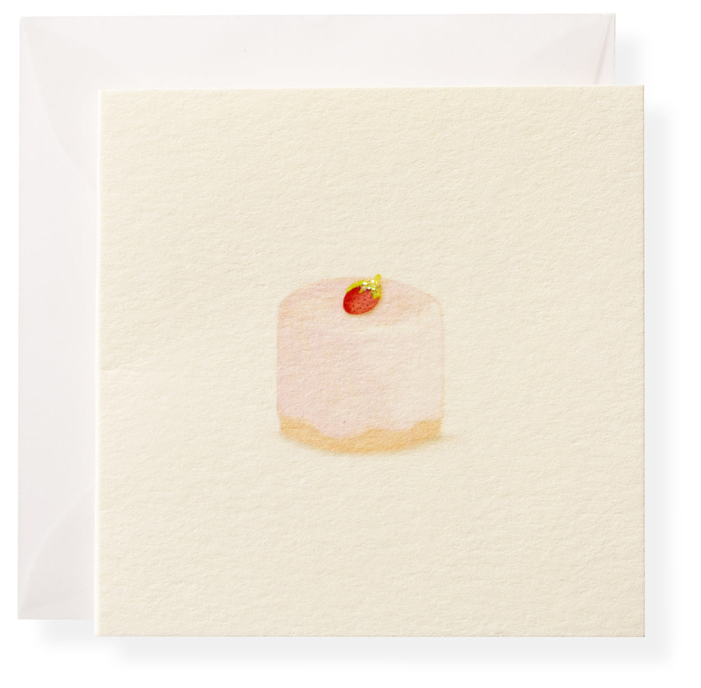 Karen Adams Flour Shoppe Gift Enclosures: A square greeting card featuring a minimalist small round cake with a red berry and gold accent on a cream background—ideal for enclosure or gift cards.
