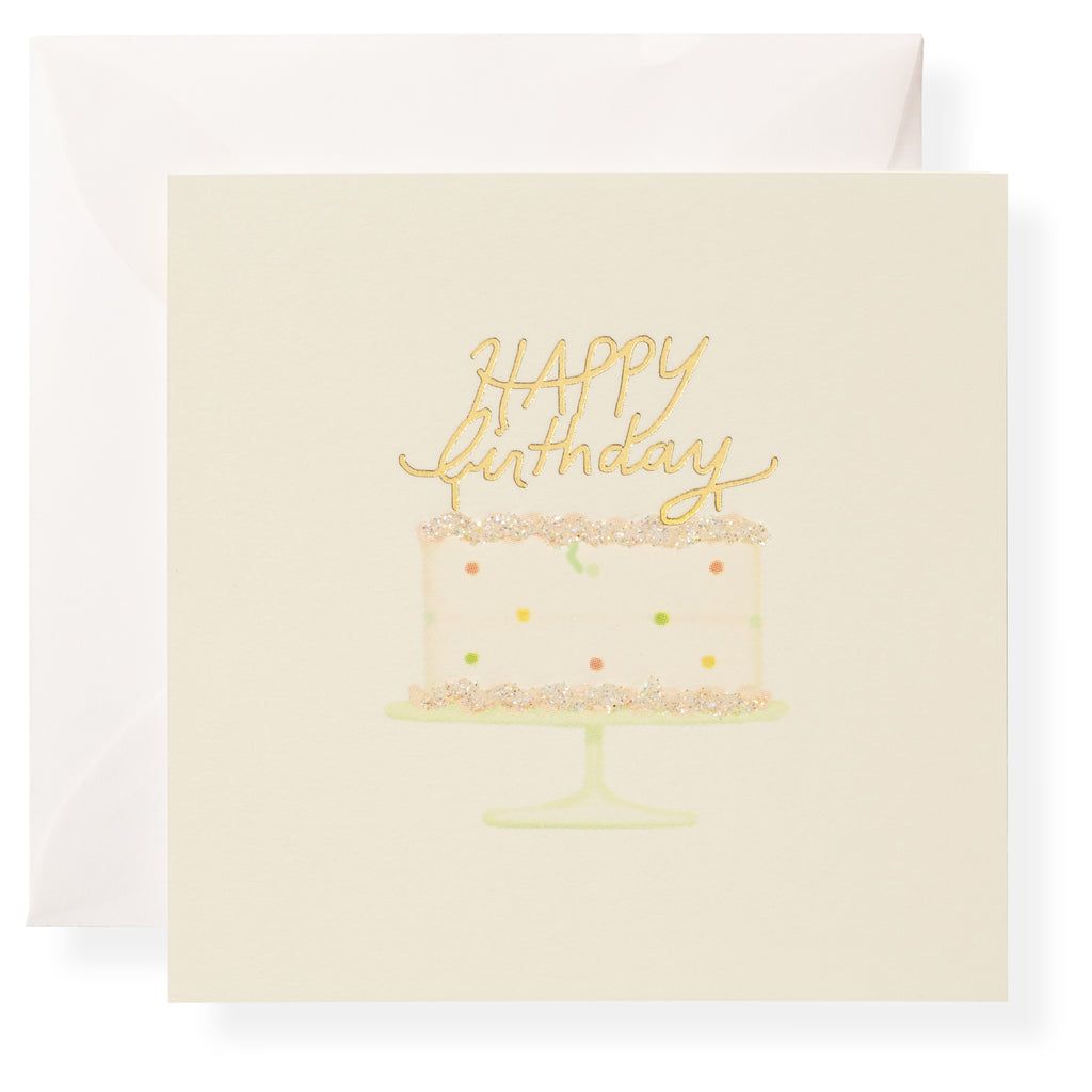 Karen Adams Make A Wish Gift Enclosures: Square birthday cards with a cake illustration and gold "Happy Birthday" script, paired with white envelopes—perfect for adding a charming touch to your special celebration.