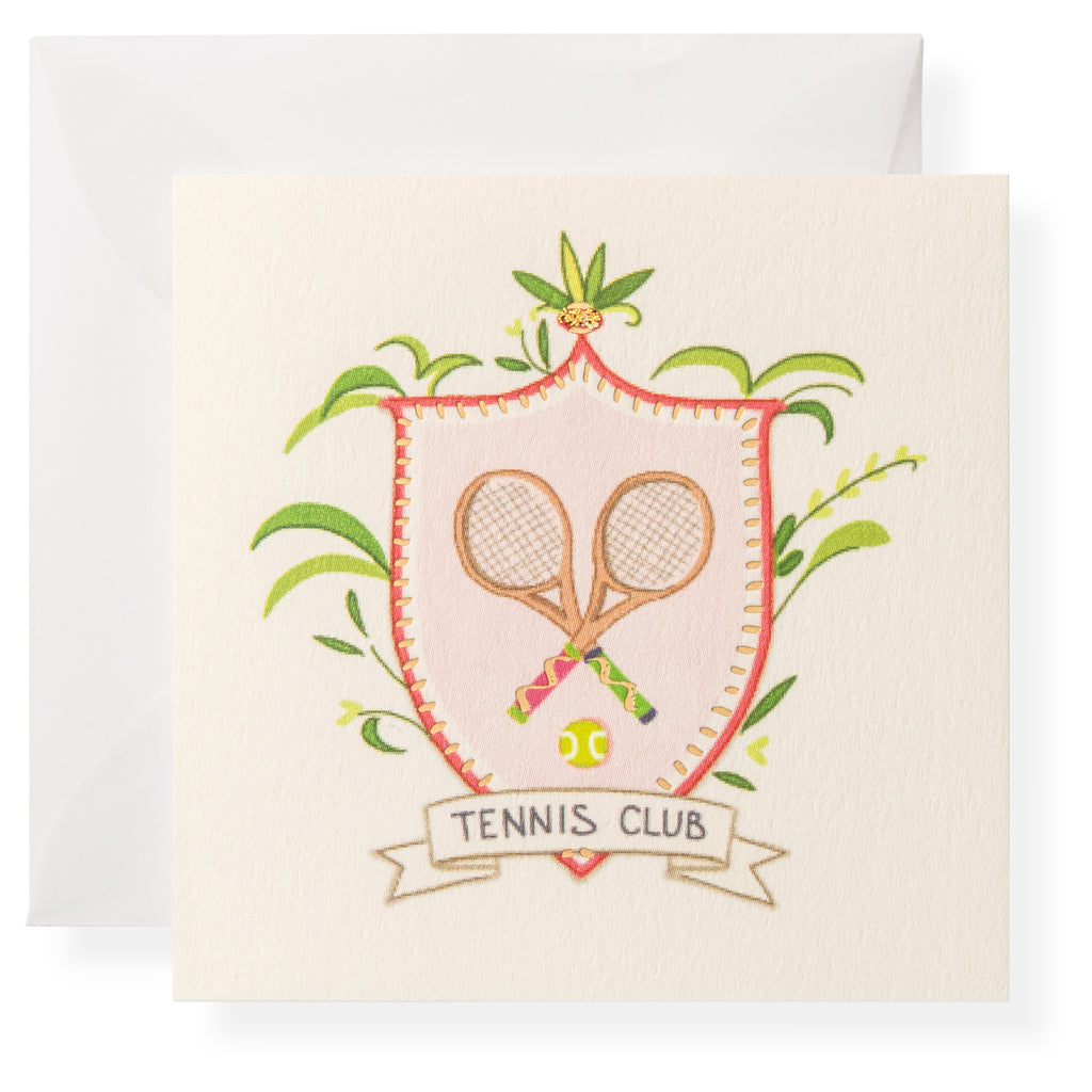 The Karen Adams Tennis Club Gift Enclosures feature a crest with crossed tennis rackets, a ball, florals, and a “Tennis Club” banner on cream-colored cards with envelopes—ideal for personal notes or small gifts.