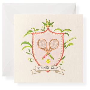 The Karen Adams Tennis Club Gift Enclosures feature a crest with crossed tennis rackets, a ball, florals, and a “Tennis Club” banner on cream-colored cards with envelopes—ideal for personal notes or small gifts.