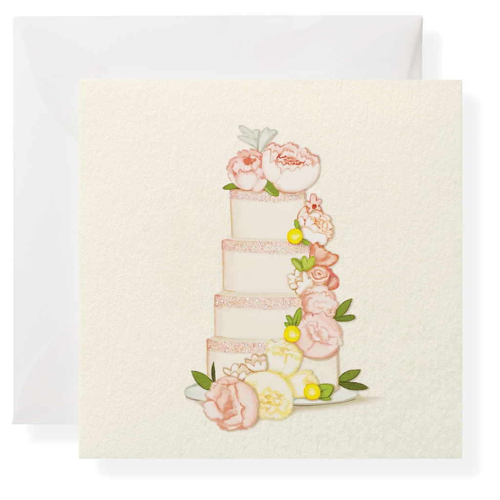 Illustration of a three-tiered pink and white cake with floral accents on a textured square card by Karen Adams, featuring the Just Married Gift Enclosures—perfect for special occasions. Envelope included.