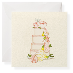 Illustration of a three-tiered pink and white cake with floral accents on a textured square card by Karen Adams, featuring the Just Married Gift Enclosures—perfect for special occasions. Envelope included.