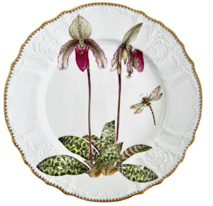 The Orchid III Dinnerware Collection by Anna Weatherley features a hand-painted porcelain dinner plate with gold trim, showcasing two orchid flowers, green patterned leaves, and a dragonfly in the brand’s signature style.