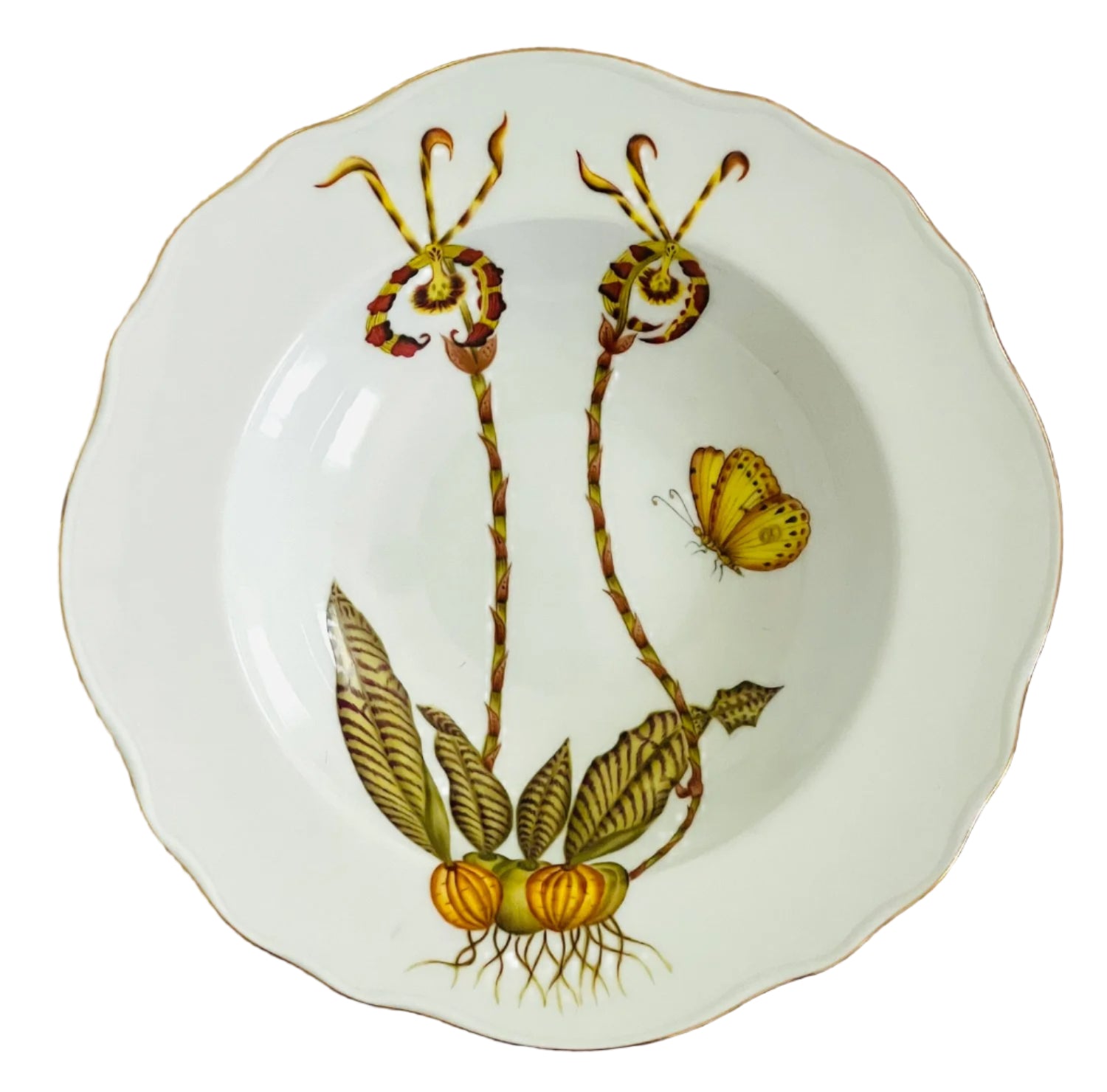 The Orchid I Dinnerware Collection by Anna Weatherley features a white porcelain plate, hand painted with two stylized plants, green leaves, yellow bulbs, and a yellow butterfly on the right side.