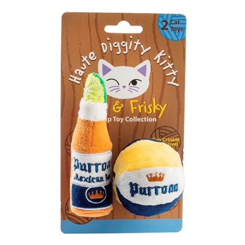 The Haute Diggity Dog Kitty Purrona Catnip Toys include two plush cat toys shaped like a beer bottle and can, both labeled "Purrom" and filled with organic catnip. Packaged on a branded card for extra fun at playtime.