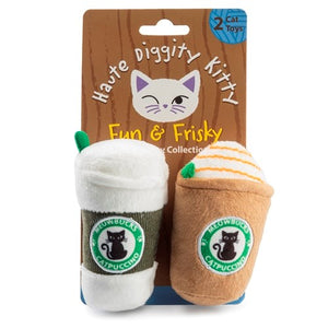 Kitty Meowbucks Catnip Toys by Haute Diggity Dog includes two coffee-themed toys with cartoon cat faces, filled with organic catnip, and packaged with a "Haute Diggity Kitty Fun & Frisky" label—perfect for your coffee-loving feline.