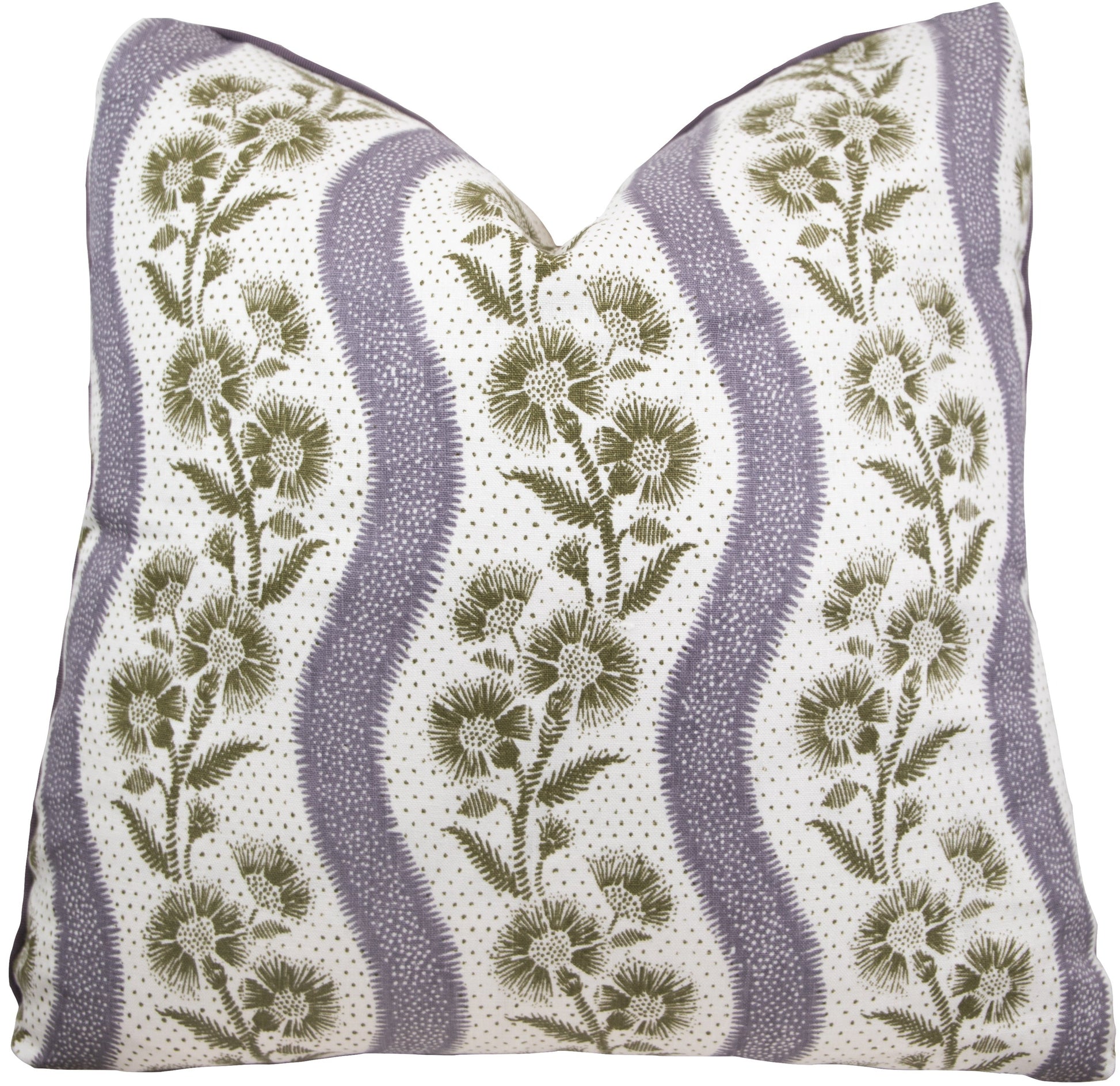 The Harwick Stripe Olive and Plum Pillow by Hive Custom Pillows is a 22" x 22" square pillow, handmade in the USA, featuring green botanical prints and wavy light purple stripes on white.