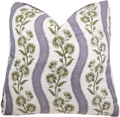The Harwick Stripe Olive and Plum Pillow by Hive Custom Pillows is a 22" x 22" square pillow, handmade in the USA, featuring green botanical prints and wavy light purple stripes on white.
