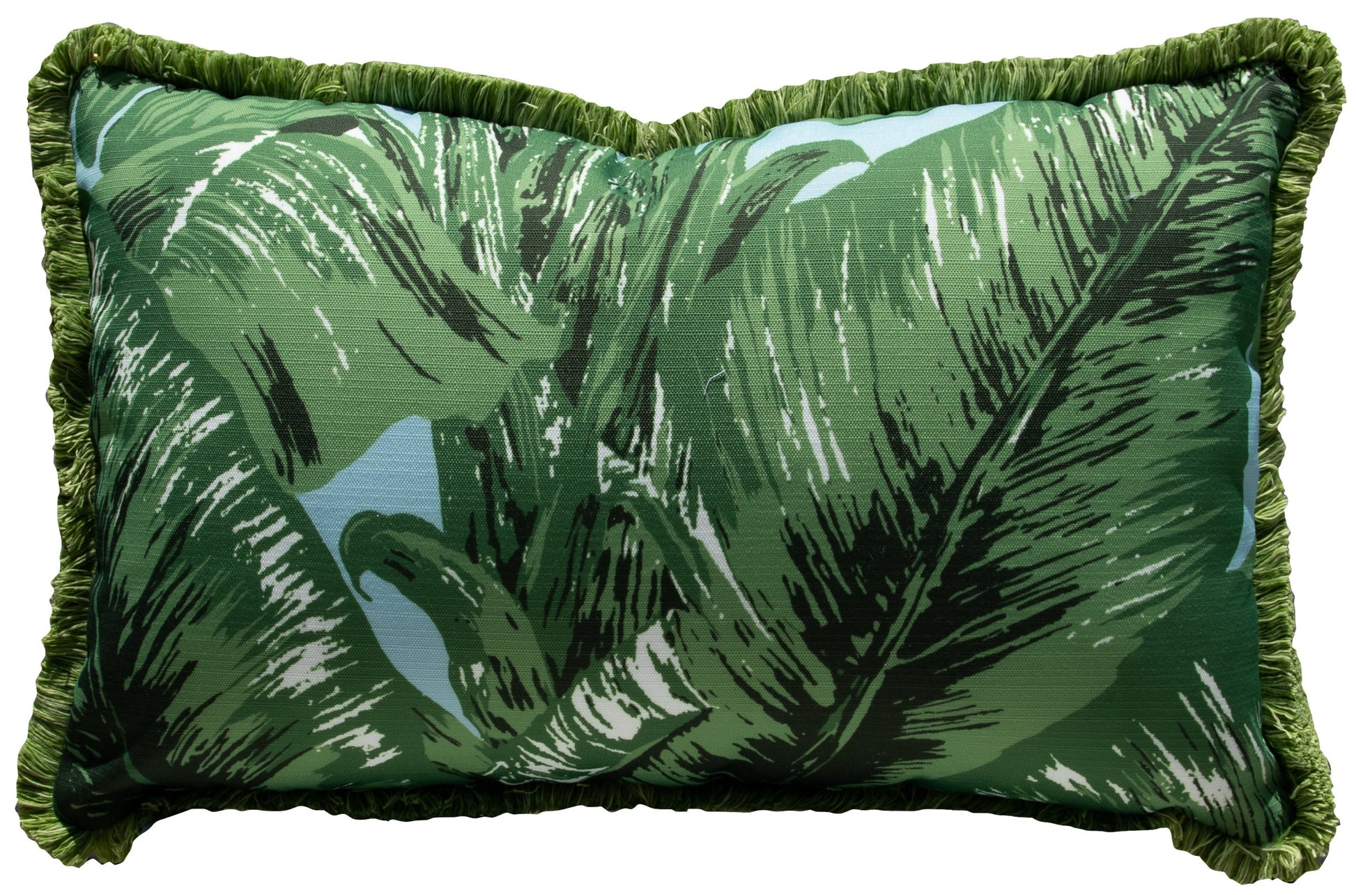 The Beverly Hills Green on Sky Outdoor Lumbar Pillow by Hive Custom Pillows is handmade in the USA, showcasing a tropical leaf pattern in vibrant green with elegant ruffled edges for style and comfort.