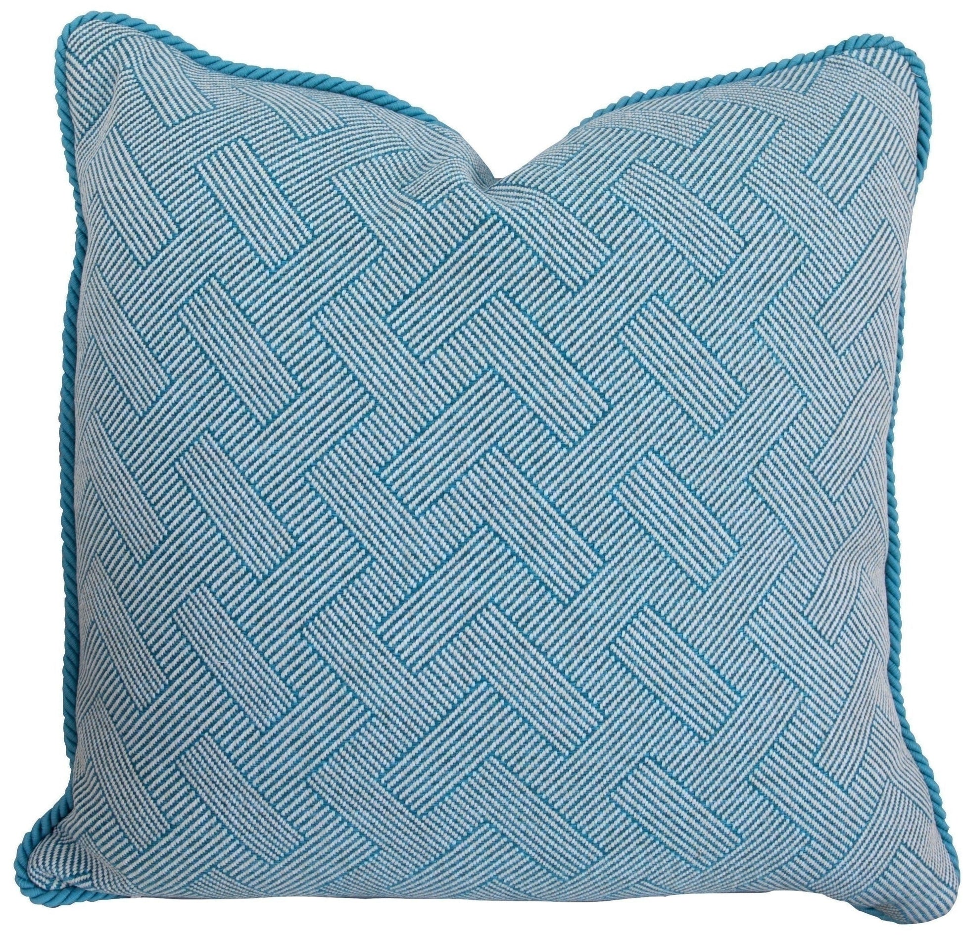 The Lombok Lagon Outdoor Pillow by Hive Custom Pillows is a handmade, blue decorative pillow featuring a woven geometric pattern and braided edge, filled with poly fill for added comfort. Made in the USA.