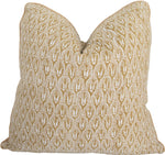 The Belize Saffron Down Pillow by Hive Custom Pillows showcases a beige and white leaf pattern on fabric, meticulously crafted in the USA and finished with contrast cord.