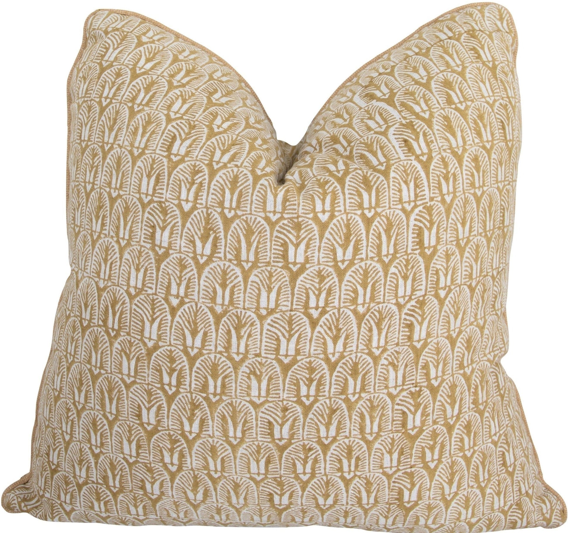 The Belize Saffron Down Pillow by Hive Custom Pillows showcases a beige and white leaf pattern on fabric, meticulously crafted in the USA and finished with contrast cord.