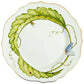 Hand-painted by Anna Weatherley, this Garden Leaves Dinnerware Collection plate features wavy white porcelain, green leaves, a butterfly, bee, ladybug, and a thin gold rim.