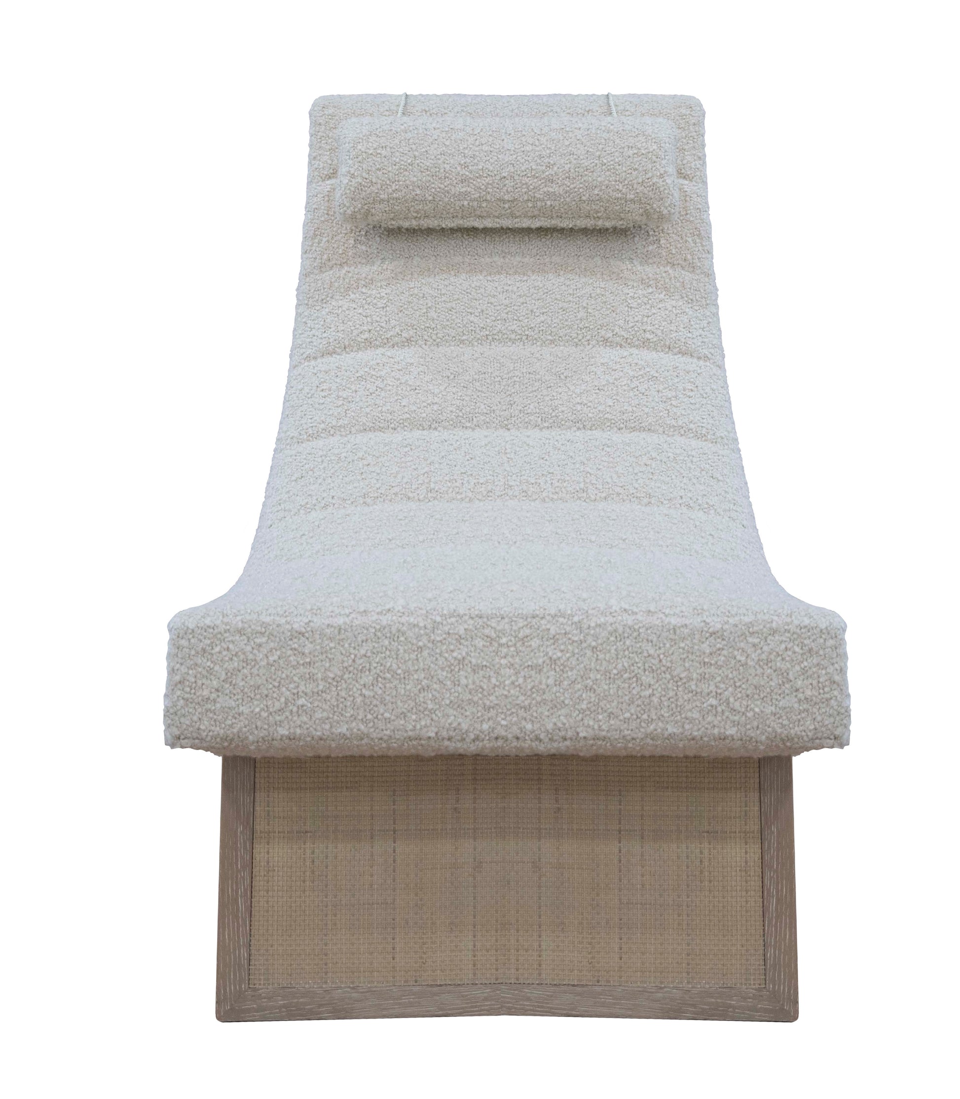A modern Sway Lounge Chair with a textured Neutral Boucle, fluffy white cushion and a rectangular wooden base from the McGuire Furniture collection.