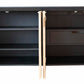 An open, black wooden cabinet crafted with Oak Solids and Veneers, featuring light-colored doors. The Form Buffet by Vanguard showcases two shelves on the left and a drawer above a shelf on the right.