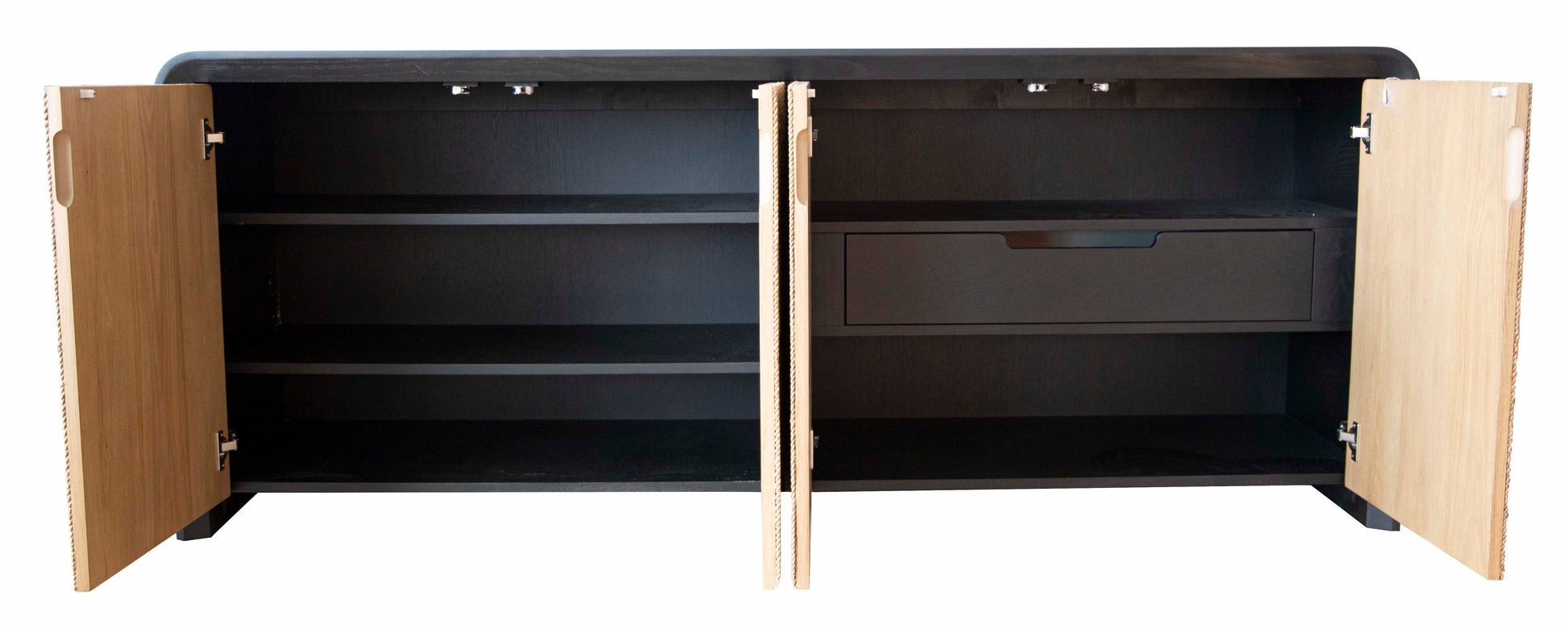 An open, black wooden cabinet crafted with Oak Solids and Veneers, featuring light-colored doors. The Form Buffet by Vanguard showcases two shelves on the left and a drawer above a shelf on the right.
