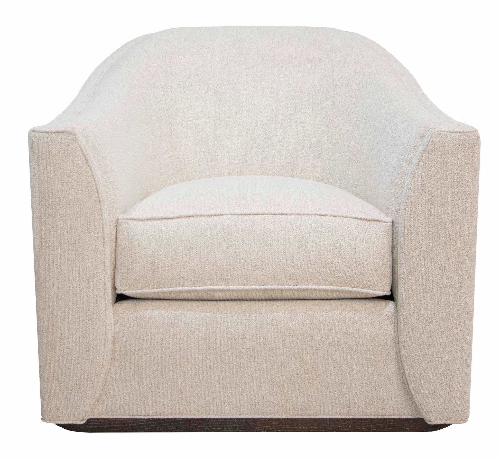 Cream-colored upholstered Hickory Chair Jupiter Swivel Chair with curved armrests, a cushioned seat, and a swivel mechanism.