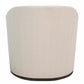 A back view of an off-white upholstered Hickory Chair Jupiter Swivel Chair with a dark wooden base, featuring a sleek swivel mechanism, displayed against a white background.