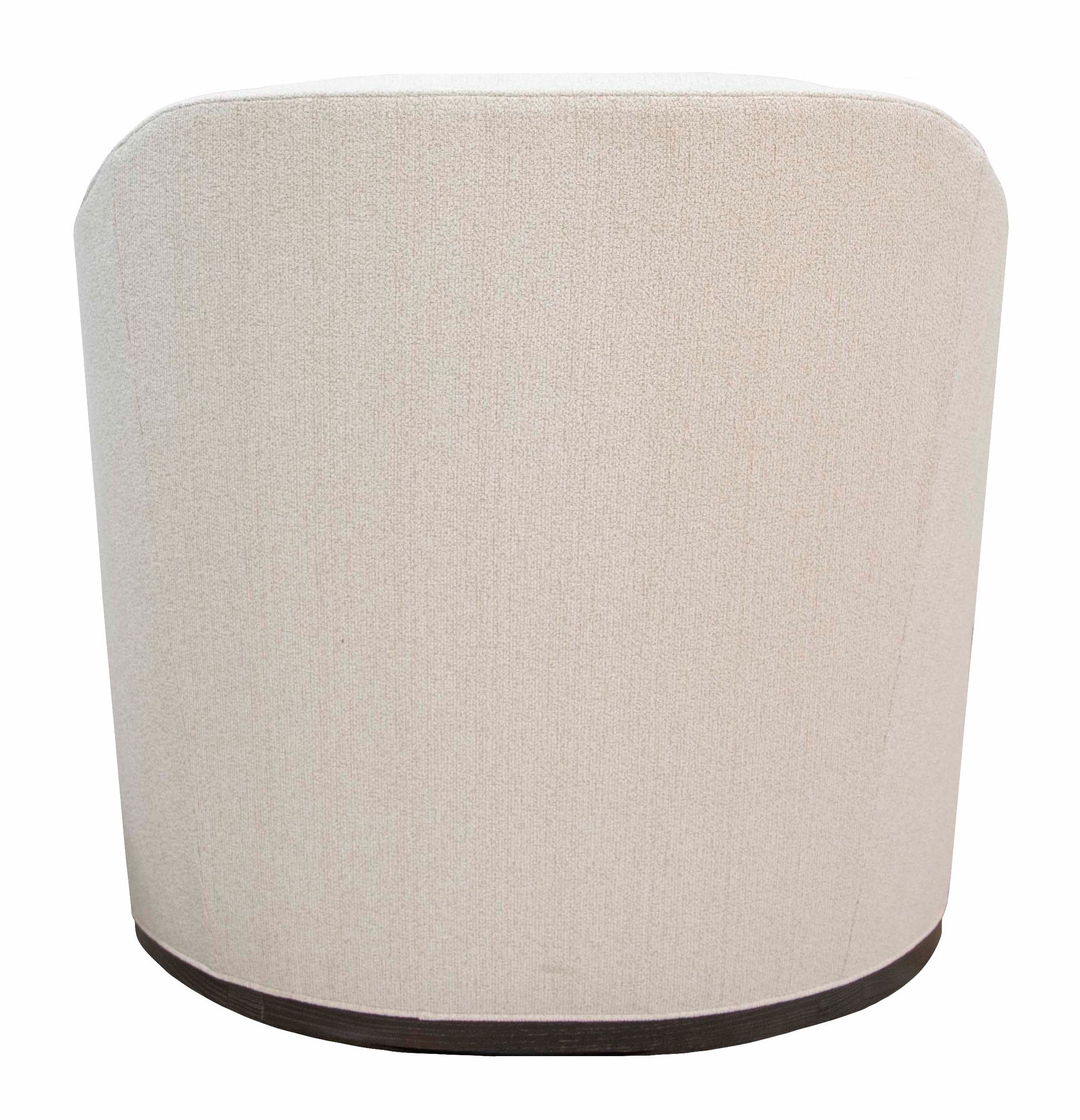 A back view of an off-white upholstered Hickory Chair Jupiter Swivel Chair with a dark wooden base, featuring a sleek swivel mechanism, displayed against a white background.
