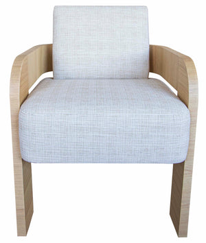 A modern Form Arm Chair from Vanguard with a wooden frame and light gray Oatmeal Crypton upholstered seat and backrest.