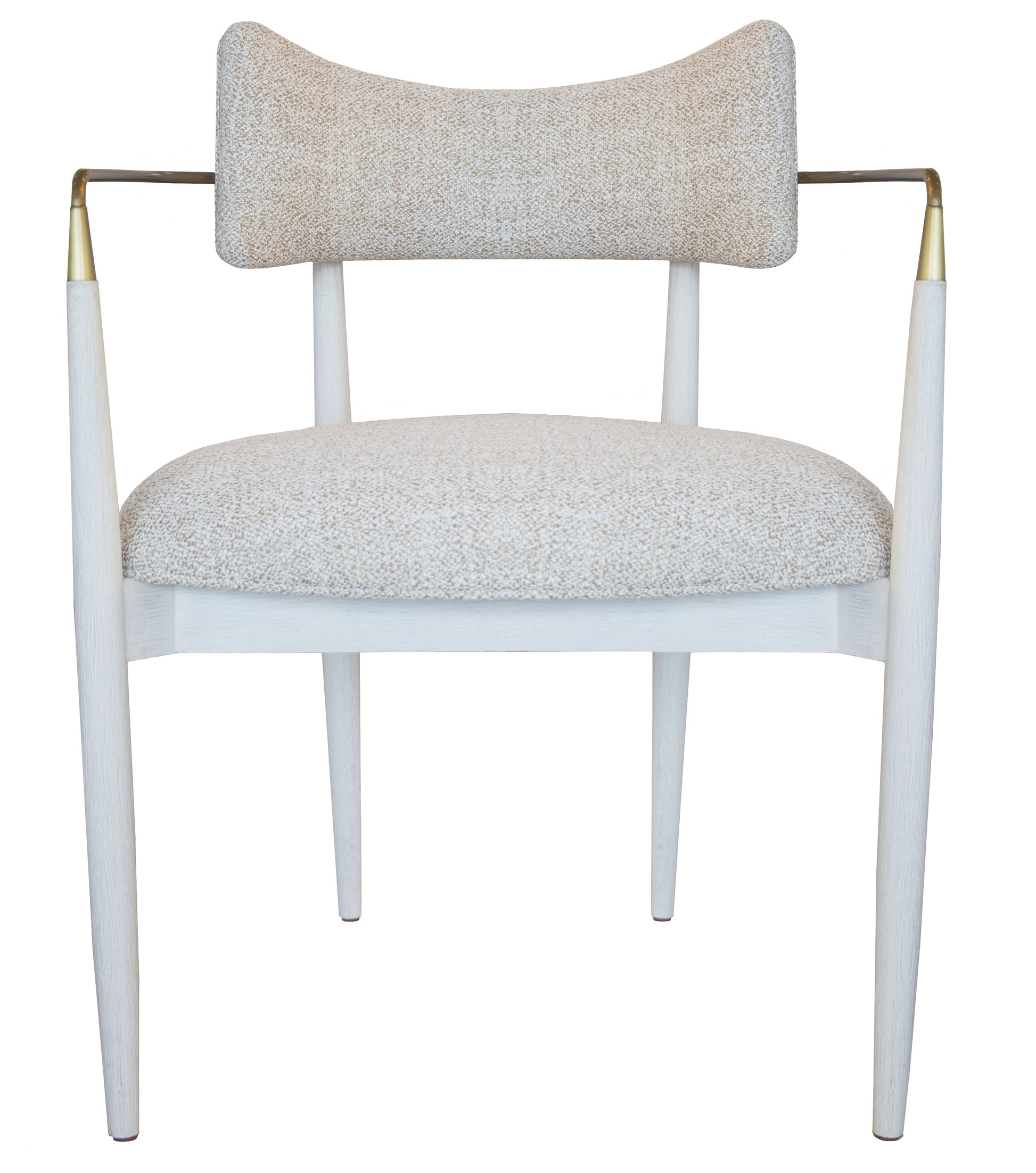 A Mr Brown creation, the white and beige cushioned Durrant Arm Chair with a curved backrest boasts angled wooden legs and brass-toned accents on the armrests, reflecting the elegance of Smooth White Oak Ivory found in West Palm Beach.