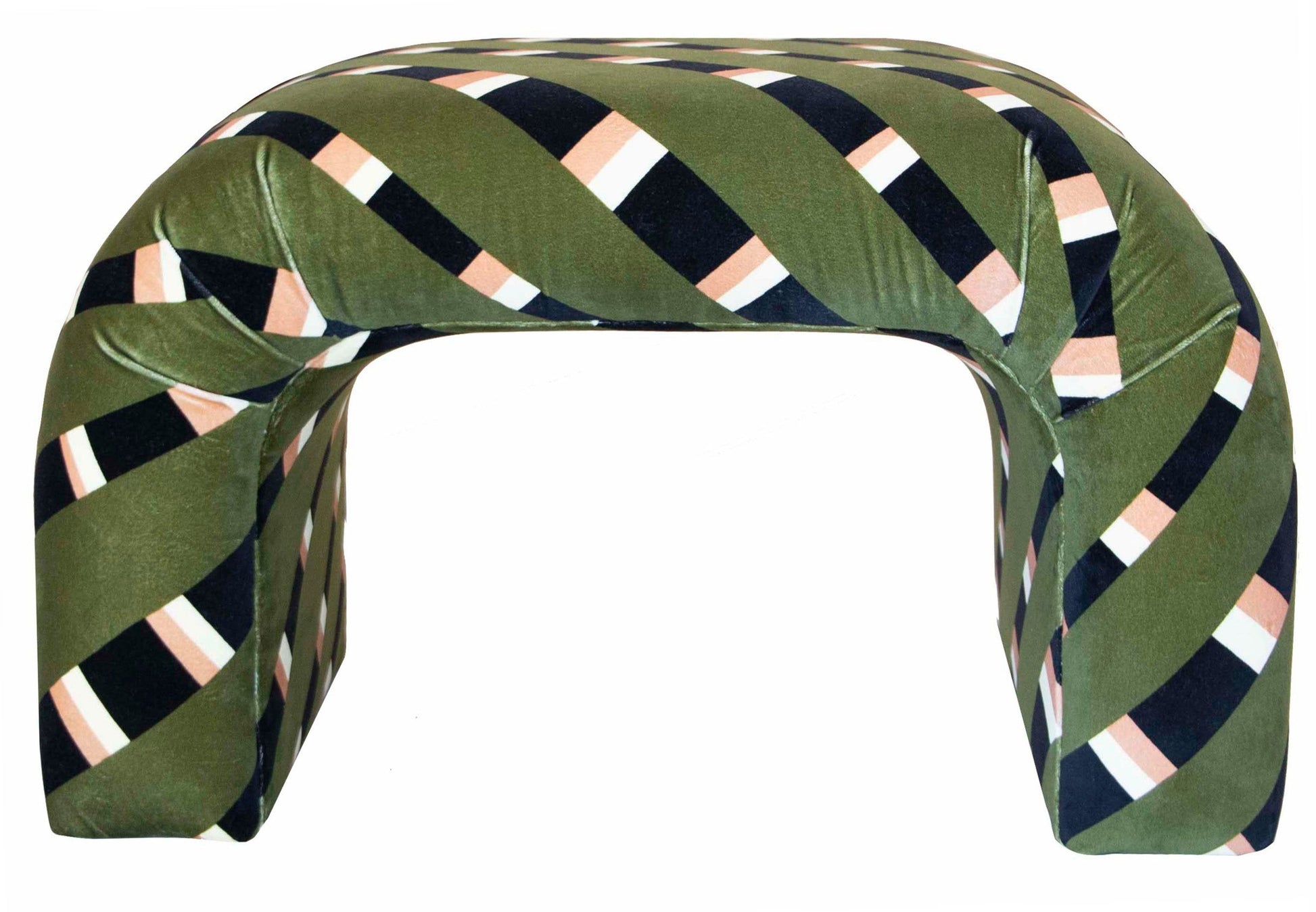 Martini Small Ottoman by Associated Design with a striped pattern in black, white, and tan, forming an arch shape, reminiscent of the chic designs featured at the Kips Bay Show House.