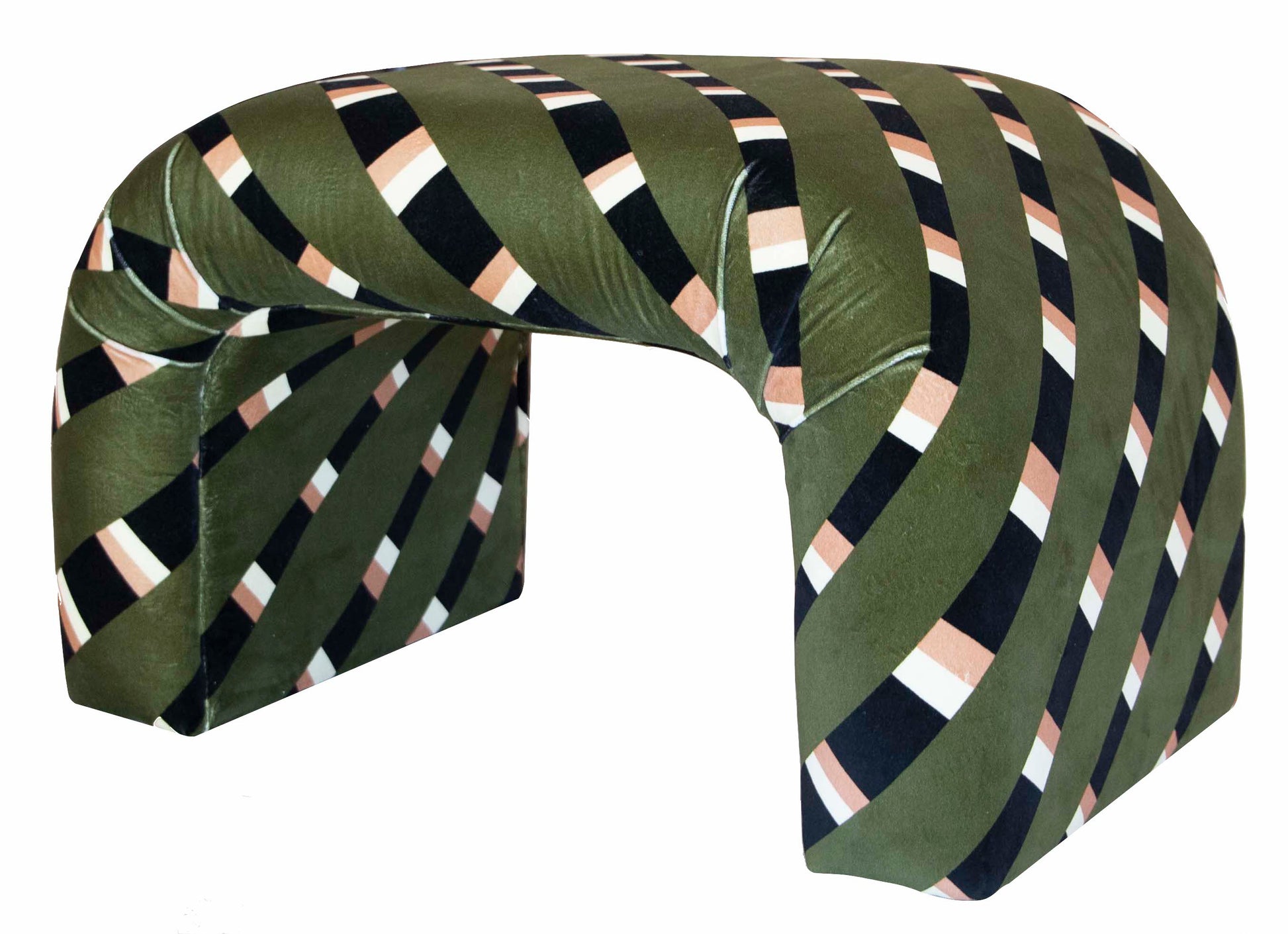 A Martini Small Ottoman by Associated Design with a curved structure featuring diagonal patterns in black, white, and pinkish-tan stripes, reminiscent of the bold designs showcased at the Kips Bay Show House.