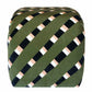 A Martini Small Ottoman by Associated Design with an olive green, black, white, and beige diagonal striped pattern reminiscent of the vibrant designs seen at the Kips Bay Show House.