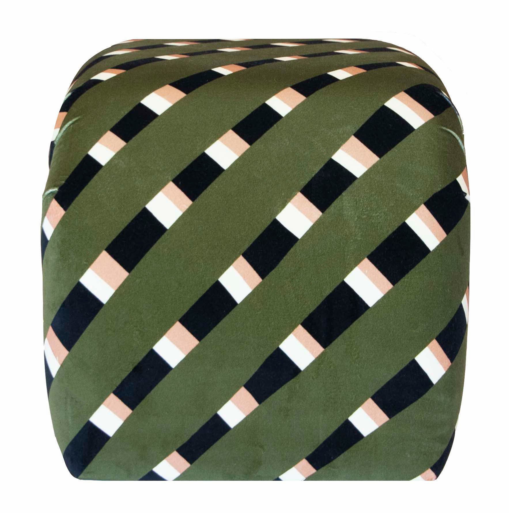 A Martini Small Ottoman by Associated Design with an olive green, black, white, and beige diagonal striped pattern reminiscent of the vibrant designs seen at the Kips Bay Show House.