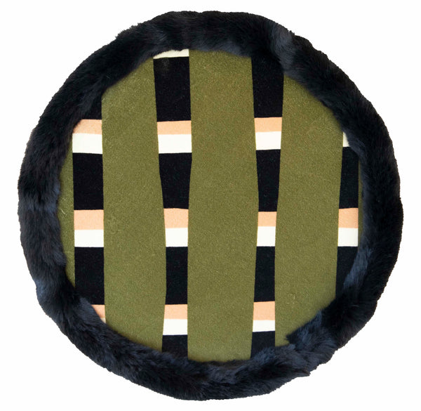 Round Stripes Army Pillow with Faux Fur Fringe