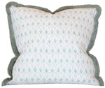The Arrowhead Rainwashed Pillow by Hive Custom Pillows features a 22" x 22" blue and white geometric design, textured light green fringe, and a plush down-filled insert for added comfort.