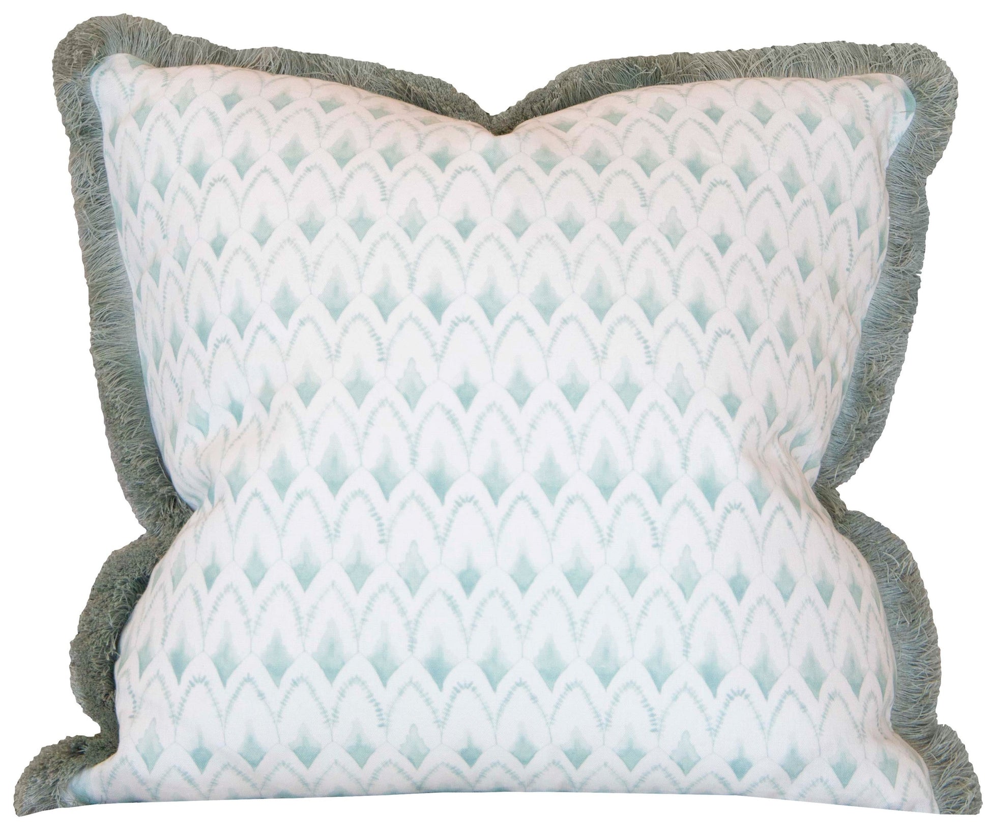 The Arrowhead Rainwashed Pillow by Hive Custom Pillows features a 22" x 22" blue and white geometric design, textured light green fringe, and a plush down-filled insert for added comfort.