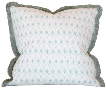 The Arrowhead Rainwashed Pillow by Hive Custom Pillows features a 22" x 22" blue and white geometric design, textured light green fringe, and a plush down-filled insert for added comfort.