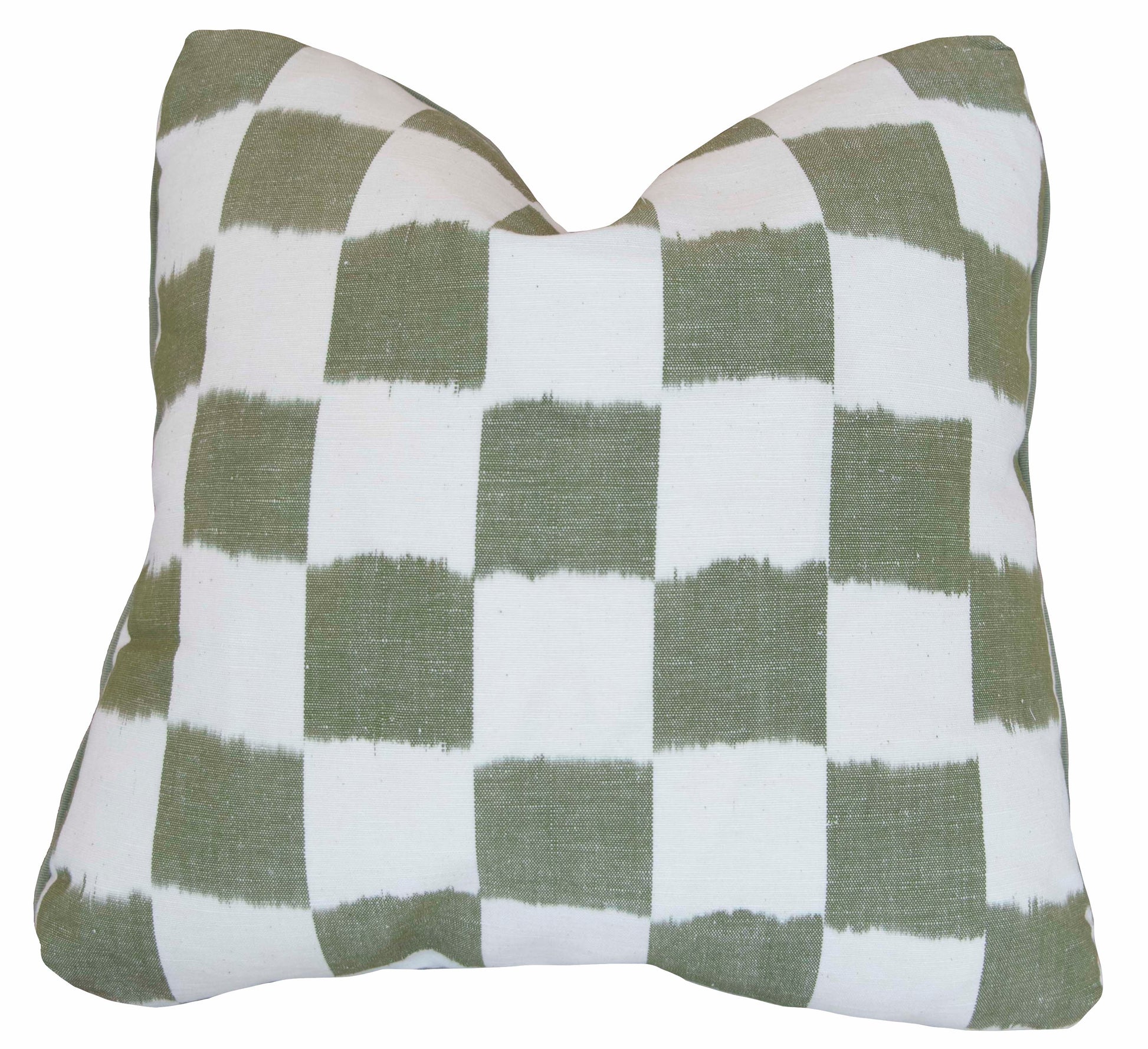 The Checkerboard Green Pillow by Hive Custom Pillows features a green and white checkered pattern with brushstroke edges on each square. Sized at 22" x 22", this custom pillow adds artistic flair to any space.